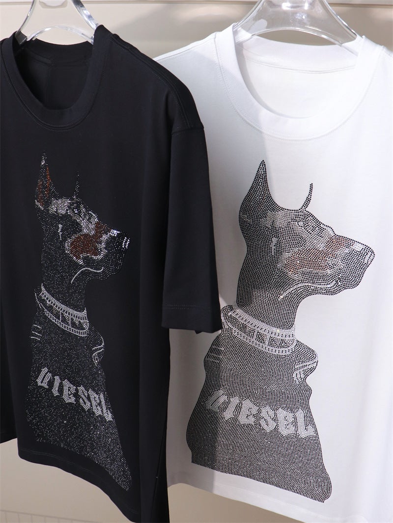 American Heavy Rhinestone Doberman Black Diamond Dog Short-Sleeved T-Shirt Plus Large Size Chubby Guy Personality Niche Design - Image 4