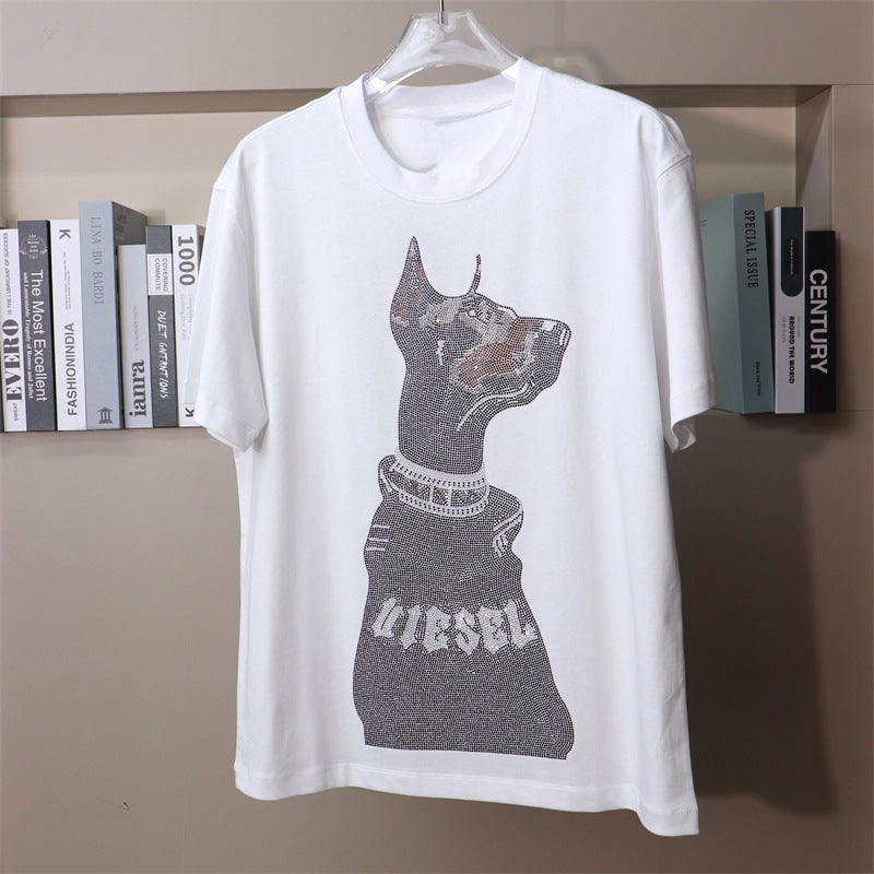 American Heavy Rhinestone Doberman Black Diamond Dog Short-Sleeved T-Shirt Plus Large Size Chubby Guy Personality Niche Design - Image 1