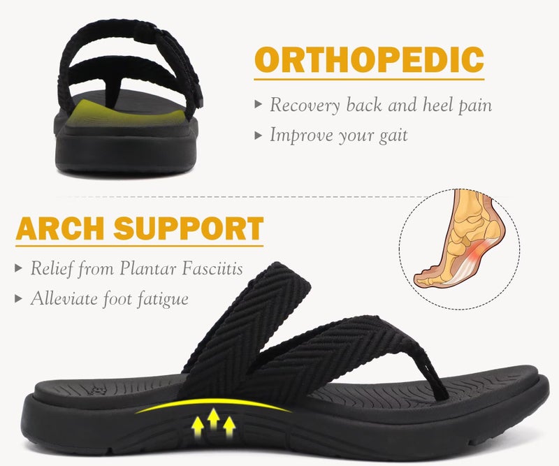 COFACE Womens Orthotic Flip Flops Ladies Slip On Sport Yoga Mat Memory Foam Cushion Recovery Walking Thong Sandals Summer Beach Pool Slippers Comfortable Plantar Fasciitis Arch Support Black Size 8 - Image 3