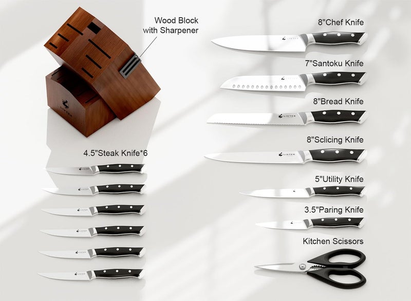 Livtek Knife Set with Block - Kitchen Knife Set German High-Carbon Stainless Steel with Built-in Sharpener - Full Tang, Triple-Rivet Ergonomic Handle - Holiday Gift Idea - 15-Piece, Falcon Series. - Image 3