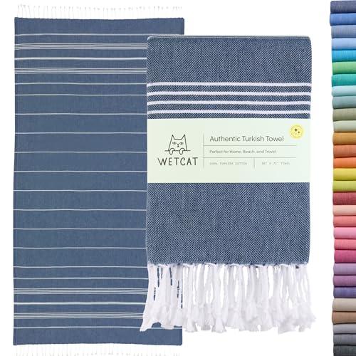 WETCAT Turkish Beach Towel Oversized (38"x71") 100% Turkish Cotton, Made in Turkey - Sand Free, Extra Large, Ultra Soft, Quick Drying, Compact & Lightweight for Travel - Dark Blue - Image 1