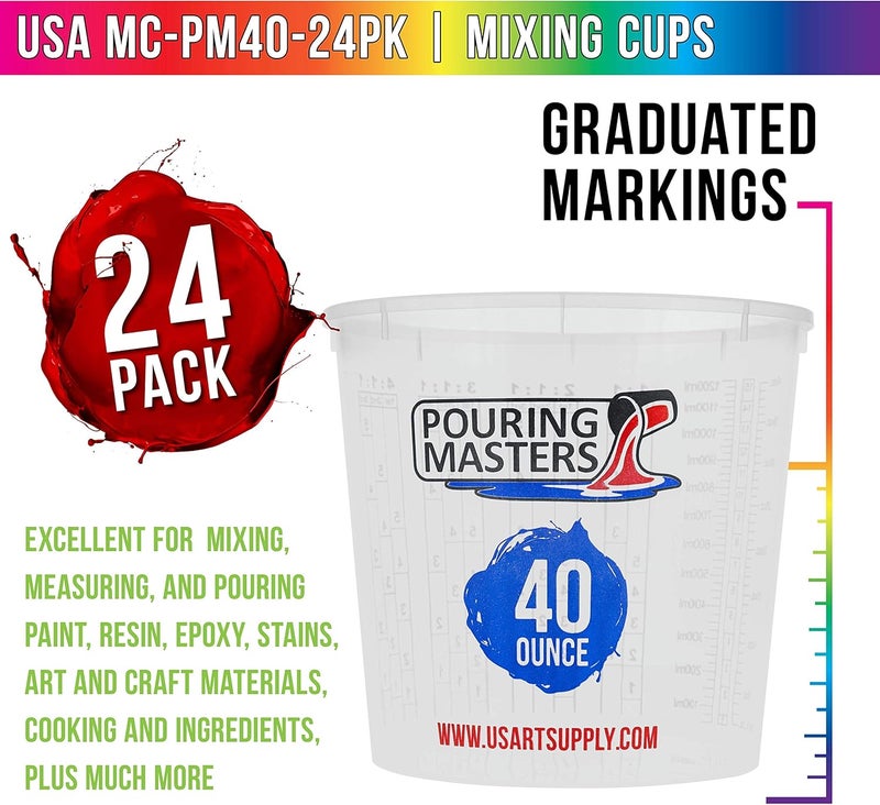 Pouring Masters أكواب الخلط البلاستيكية المتدرجة من بورش ماسترز سعة 40 أونصة (1200 مل) (علبة تحتوي على 24 كوبًا) - للاستخدام مع الطلاء، الراتنج، الإيبوكسي، الفن، المط��خ، الطهي، الخبز - القياسات بالأونصة والملليلتر، 4 نسب قياس مختلفة 1:1 - Image 2