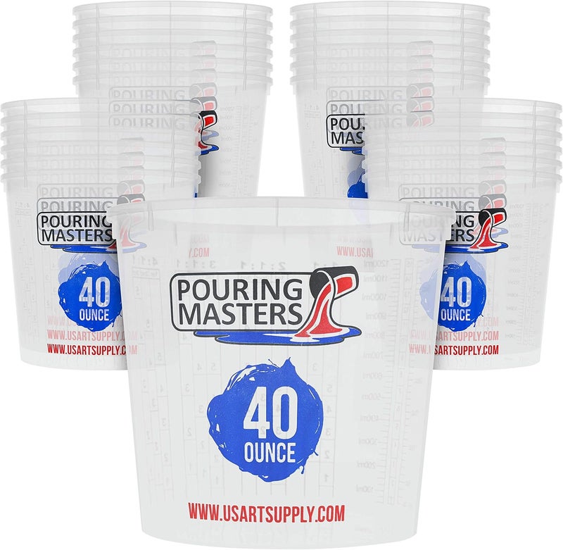 Pouring Masters أكواب الخلط البلاستيكية المتدرجة من بورش ماسترز سعة 40 أونصة (1200 مل) (علبة تحتوي على 24 كوبًا) - للاستخدام مع الطلاء، الراتنج، الإيبوكسي، الفن، المط��خ، الطهي، الخبز - القياسات بالأونصة والملليلتر، 4 نسب قياس مختلفة 1:1 - Image 1