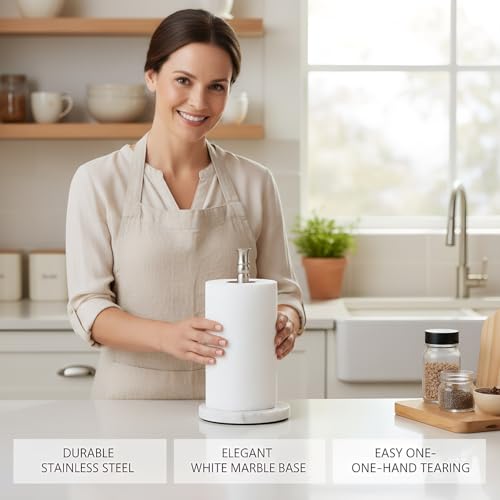 Siwil Paper Towel Holder Stand, One-Handed Ripping Paper Towel Roll Holder Countertop, Heavy Marble Base, NOT Tip Over - (Marble, Brushed Nickel) - Image 3