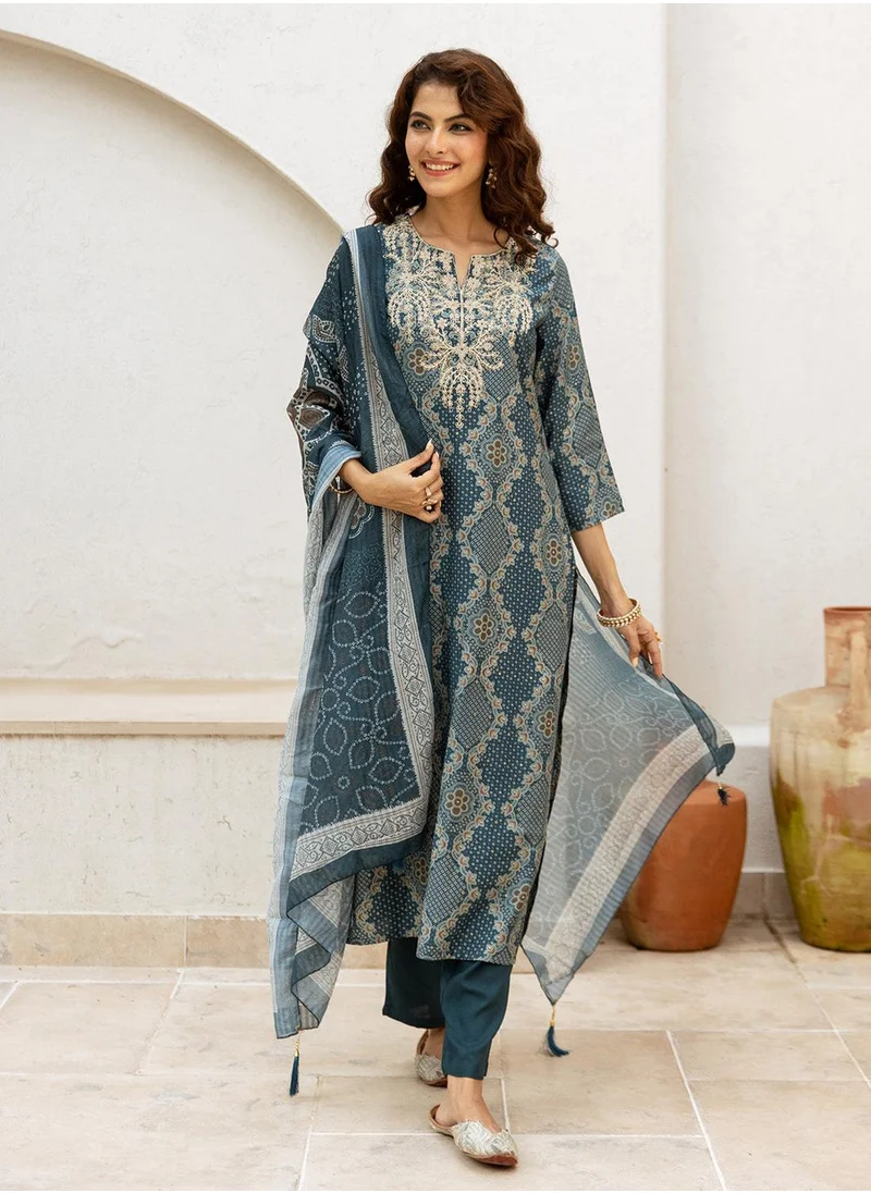 آي شين Women's Green Modal Muslin Printed Tunic Full Length Casual Straight Fit Kurta Set