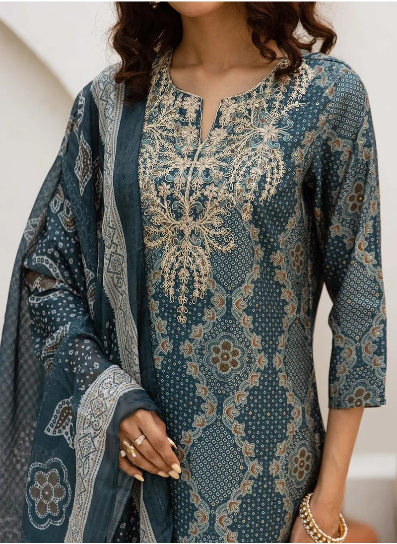 آي شين Women's Green Modal Muslin Printed Tunic Full Length Casual Straight Fit Kurta Set