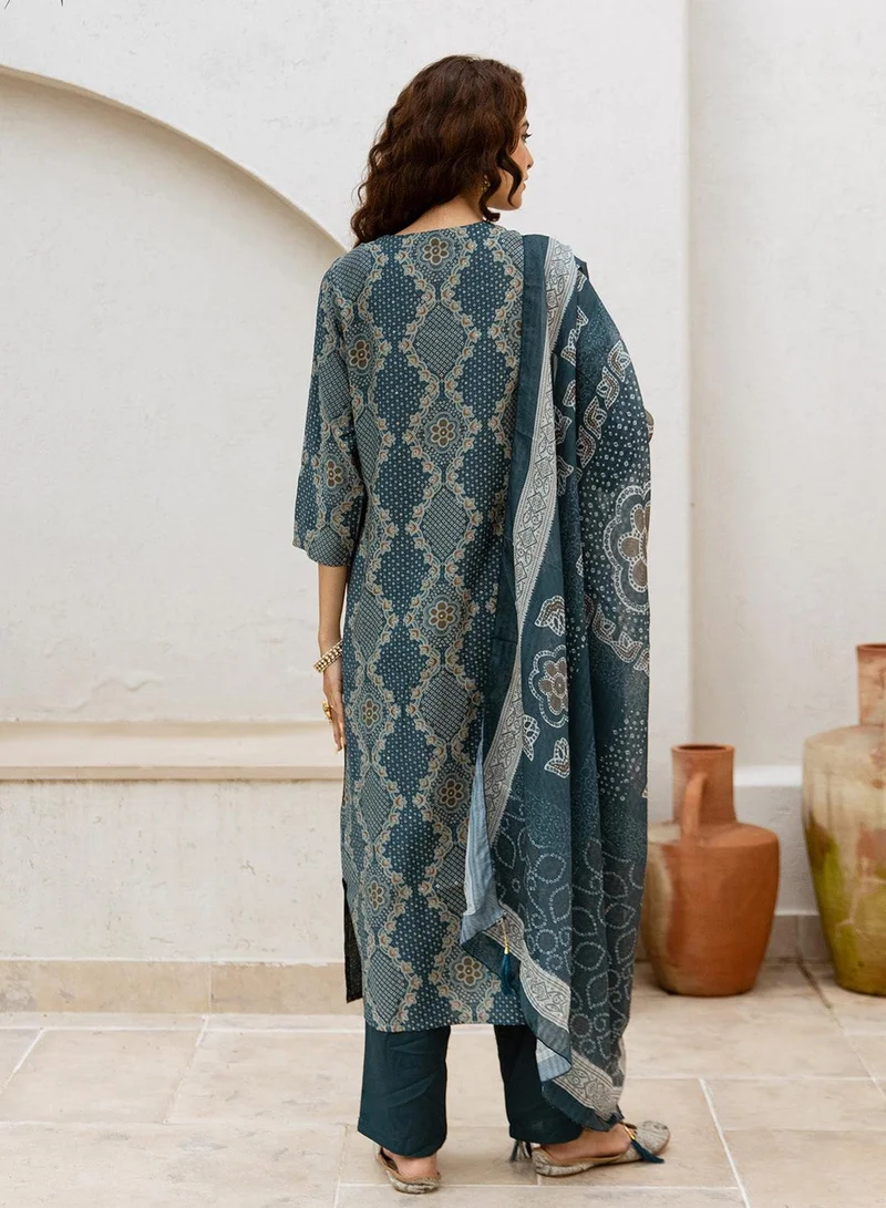 ISHIN Women's Green Modal Muslin Printed Tunic Full Length Casual Straight Fit Kurta Set