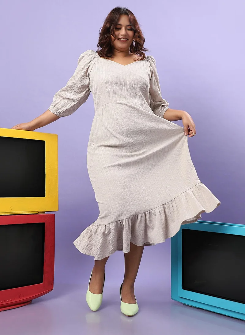 Instafab Plus Women's Greige Ruffle Hem Dress For Casual Wear | Quarter Sleeve | Polyester Fabric | Sweetheart Dress Crafted With Comfort Fit For Everyday Wear