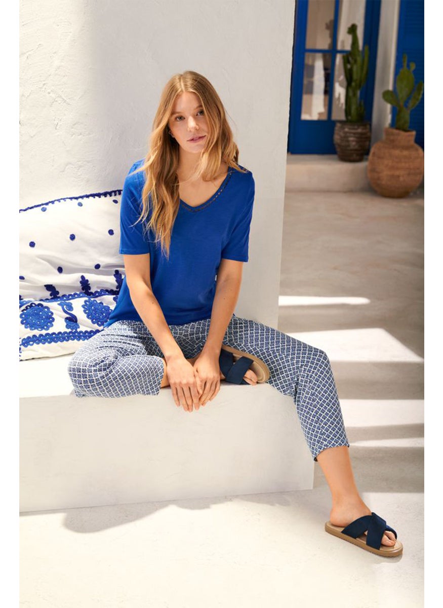 Tchibo Women Regular Fit Allover Print Pant, Blue  - Image 1