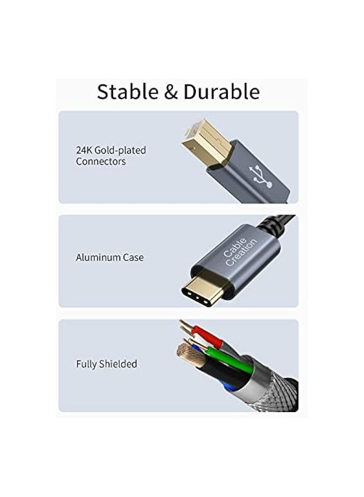 كابل كرييشن كابل طابعة USB C بطول 6.6 قدم، كابل USB C إلى كابل الطابعة USB C إلى B، كابل طابعة كابل الماسح الضوئي إلى كابل USB C MIDI لوحدة تحكم Yamaha Casio Digital Piano MIDI، وحدة تحكم DJ، 2M أسود - Image 4