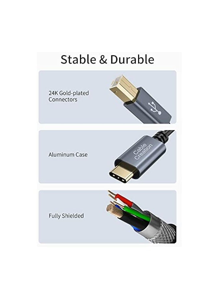 كابل كرييشن كابل طابعة USB C بطول 6.6 قدم، كابل USB C إلى كابل الطابعة USB C إلى B، كابل طابعة كابل الماسح الضوئي إلى كابل USB C MIDI لوحدة تحكم Yamaha Casio Digital Piano MIDI، وحدة تحكم DJ، 2M أسود - Image 5