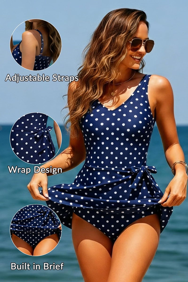 Yonique One Piece Swimdress for Women â€“ Tummy Control Swimsuit with Skirt 2026 V Neck Wrap Tie Side Bathing Suit Dress Blue Dot M - Image 4