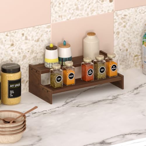 BLUEWUD Dolvin Mini Ladder Style Engineering Wood Spice Masala Rack Shelf Stand Organizer/Spice Bottle Display Rack & Cup Stand for Home & Kitchen, DIY (Do it Yourself)(Brown Maple, 31.1x15.7x10 Cm) - Image 1