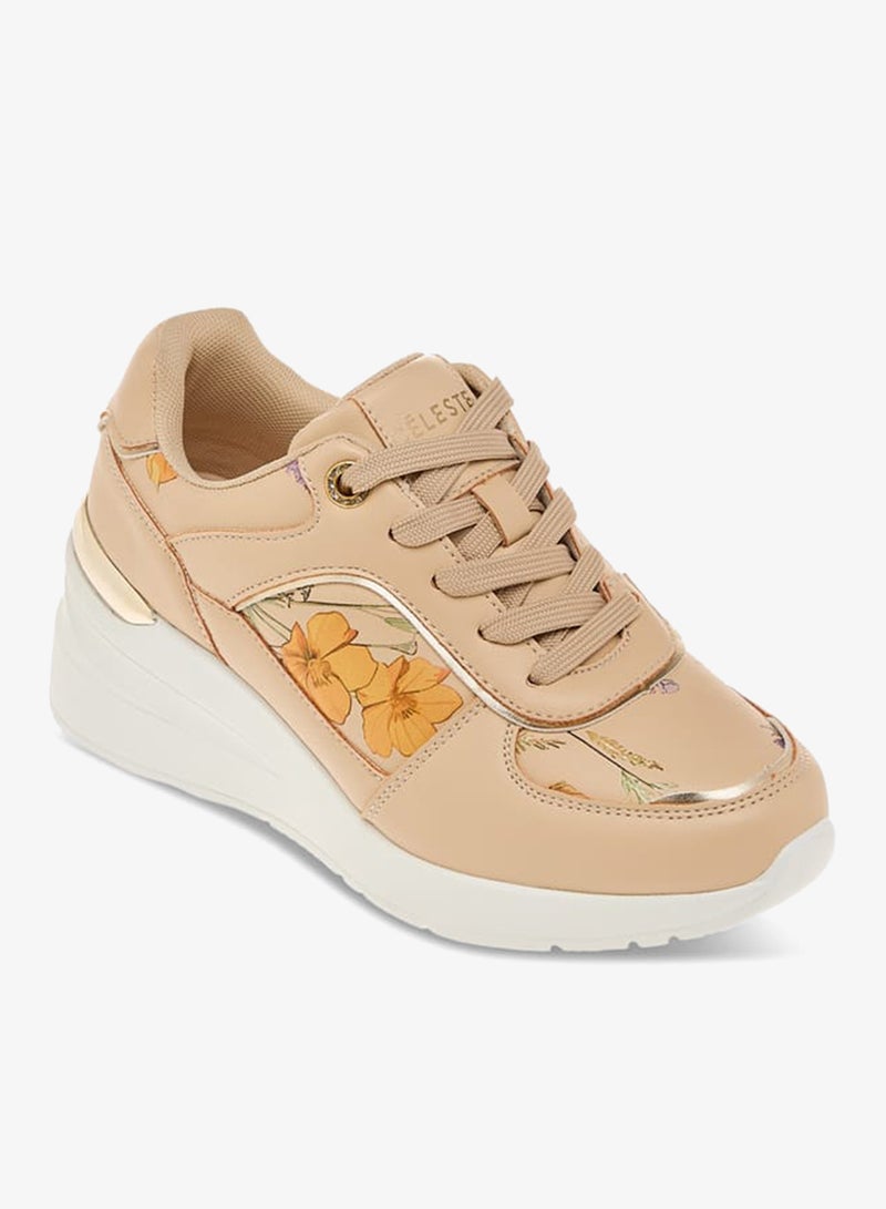 سيليست سنيكرز نسائي بطبعات زهور وكعب ويدج وإغلاق برباط - Image 3