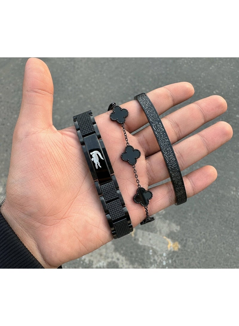 LACOSTE Men's 3-Piece Black Stainless Steel Bracelet Set - Waterproof - Free Size - Image 1