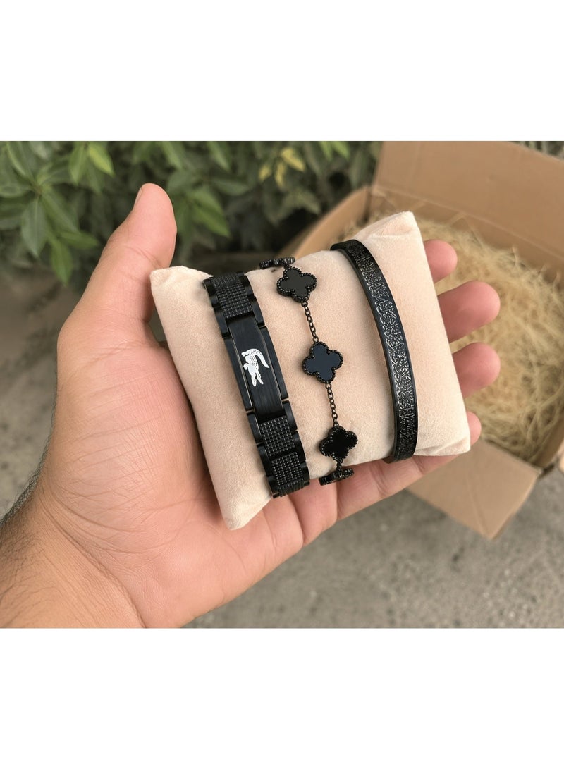 LACOSTE Men's 3-Piece Black Stainless Steel Bracelet Set - Waterproof - Free Size - Image 2