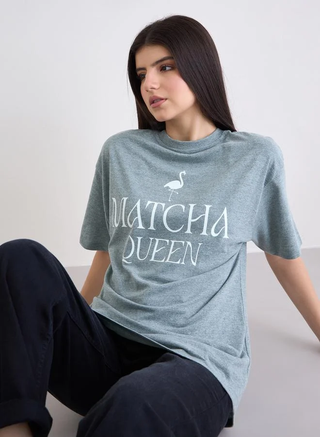 Styli Styli Green Oversized Melange Graphic T-Shirt