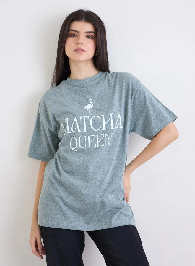 Styli Green Oversized Melange Graphic T-Shirt