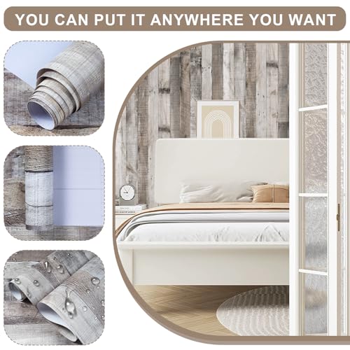 Qianglive Rustic Wood Wallpaper Grain Paper Faux Stick and Peel Vintage Distressed Reclaimed Self Adhesive Vinyl Home Use Shiplap Wall Cover Thicken 17.3"× 400" - Image 2