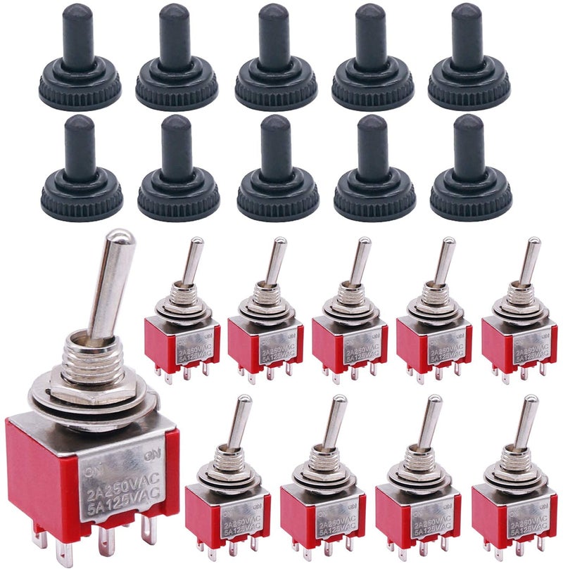 mxuteuk 10Pcs Mini Toggle Switch DPDT 2 Position 6 Pins ON-ON AC 125V 5A with Waterproof Cap MTS-202-10MZ - Image 1