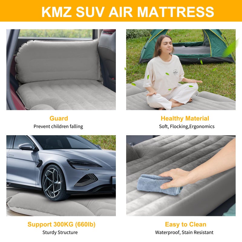 KMZ SUV Air Mattress Thickened and Double-Sided Flocking Travel Camping Bed with 2 Pillows & Pump Dedicated Mobile Cushion Inflatable Bed for SUV Trunk and Rear Seat (Light Gray) - Image 4