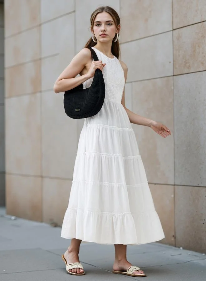 Lee Cooper Lee Cooper Tiered Sleeveless Maxi Cotton Dress with Embroidered Detail