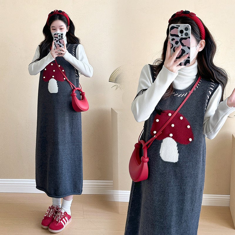 Maternity Elegant Autumn Set Mushroom Dress bottoming shirt - Image 4