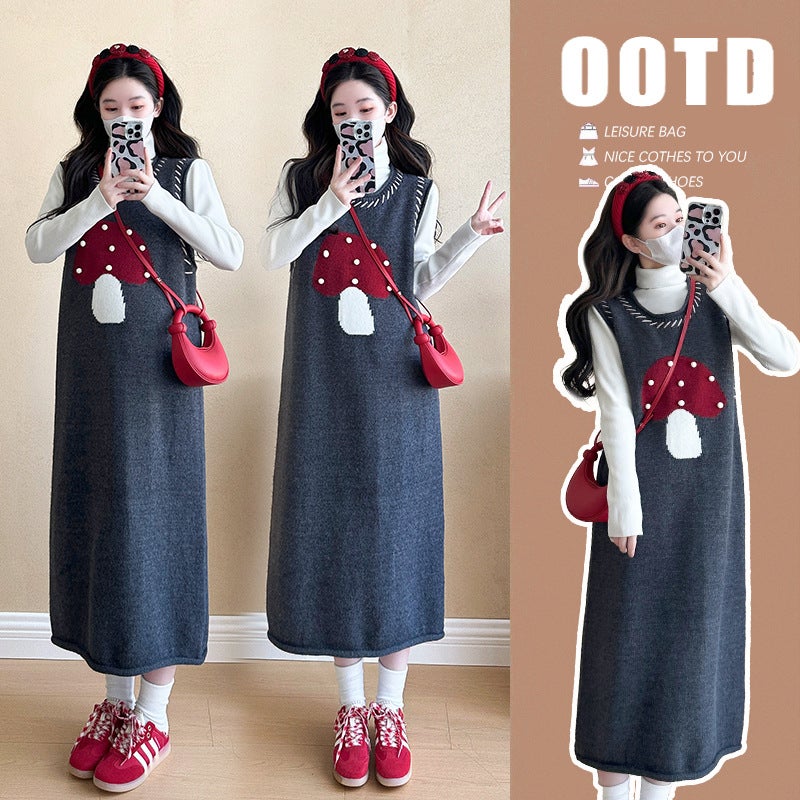 Maternity Elegant Autumn Set Mushroom Dress bottoming shirt - Image 3