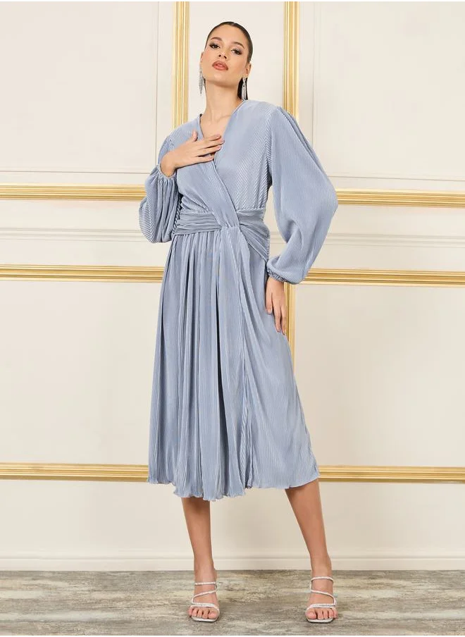 ستايلي Plisse V Neck A-Line Midi Dress