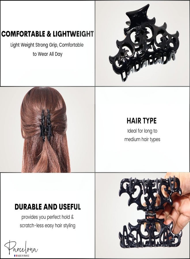 Parcelona French Beau Celluloid Acetate No Slip Sturdy Jaw Hair Claw Clips for Women and Girls (Black 3 1/2") - Image 2