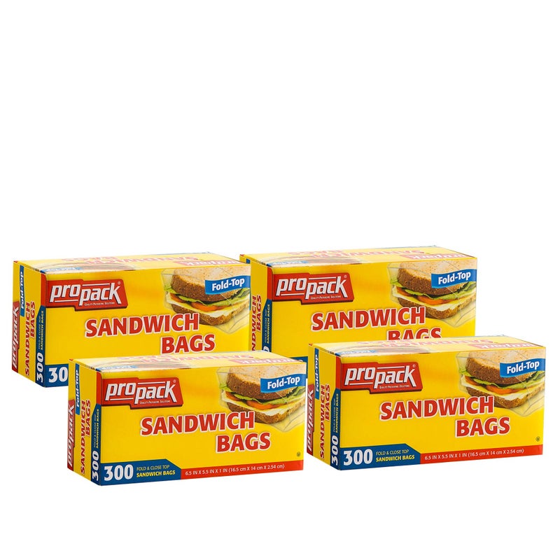 ProPack Disposable Plastic Sandwich Bags with Fold Close Top 1200 Bags Great for Home Office Vacation Traveling Sandwich Fruits Nuts Cake Cookies Or Any Snacks 4 Packs