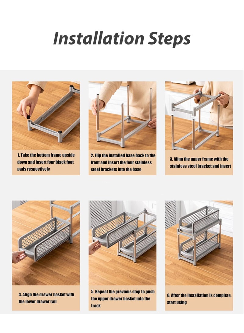 توشيونيكس منظم تخزين ورف تخزين من طبقتين أسفل الحوض T114704 - رف متعدد الوظائف قابل للسحب للأدراج للمطبخ والحمام وسطح العمل والخزانة | منظم سلة منزلقة، بلاستيك متين وإطار من الفولاذ المقاوم للصدأ - Image 5