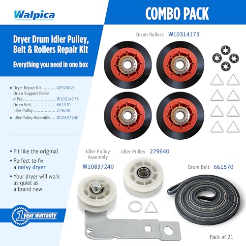 Walpica W10837240 4392067 Dryer Repair Kit Belt Idler Pulley 3387610 279640 661570V 80047 Drum Roller Bearing for Whirlpool Cabrio Duet Maytag Bravos XL Kenmore Elite Model 110 Series Dryer Replacement Parts - Image 2