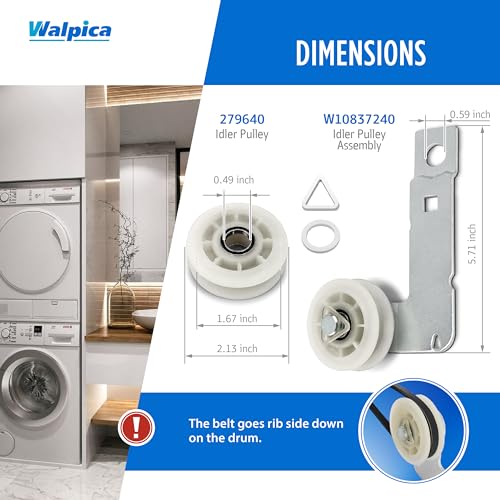 Walpica W10837240 4392067 Dryer Repair Kit Belt Idler Pulley 3387610 279640 661570V 80047 Drum Roller Bearing for Whirlpool Cabrio Duet Maytag Bravos XL Kenmore Elite Model 110 Series Dryer Replacement Parts - Image 5