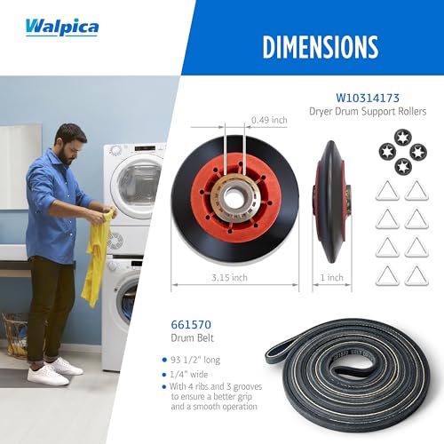 Walpica W10837240 4392067 Dryer Repair Kit Belt Idler Pulley 3387610 279640 661570V 80047 Drum Roller Bearing for Whirlpool Cabrio Duet Maytag Bravos XL Kenmore Elite Model 110 Series Dryer Replacement Parts - Image 4