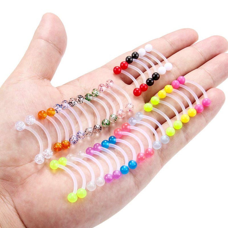 Ftovosyo 18 Pairs 14G Glitter Bioflex Flexible Acrylic Curved Barbell Snake Eyes Tongue Nipple Ring Body Piercing Jewelry Retainer 16mm Mix Color Glow in The Dark Glitter Flexible Clear - Image 3