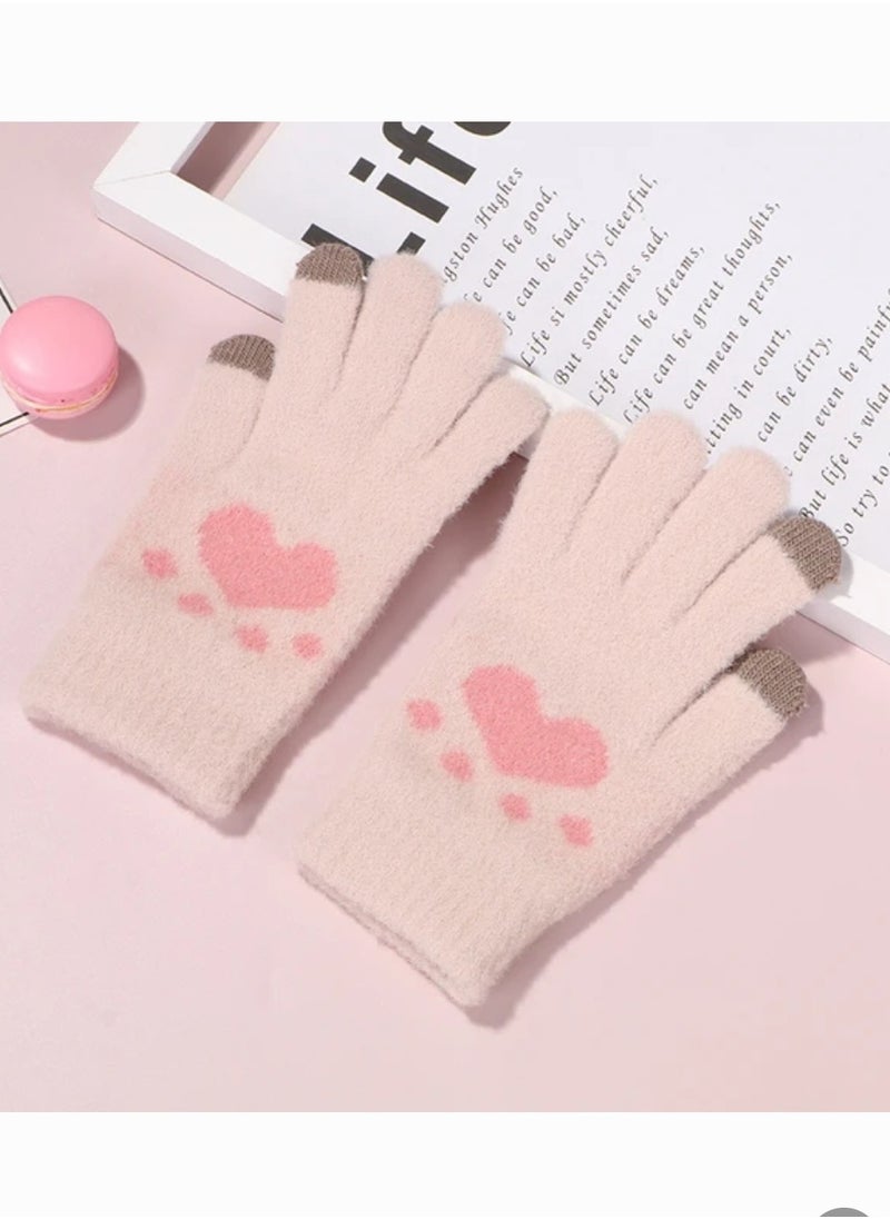 Generic Women girly heart mobile screen touch fingers winter wool gloves  - Image 1