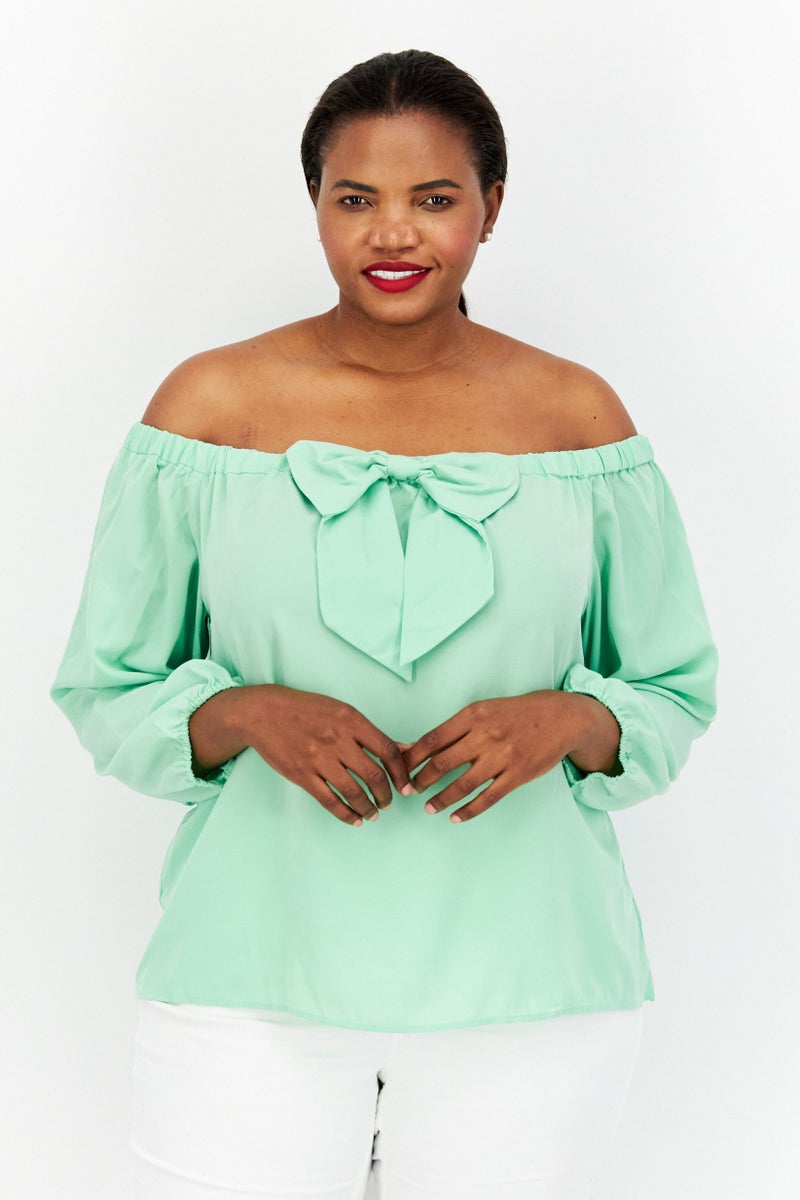 Riley & Rae بلوزة نسائية بدون أكتاف بأكمام 3/4 سادة، خضراء - Image 1