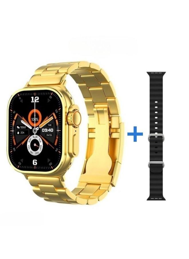 HW - The Perfect Fusion of Metal and Technology -2.19incn C9 PRO Smart Watch, 49mm Steel Case, Golden Sport Steel Band, and Black Silicone Band. - Image 1