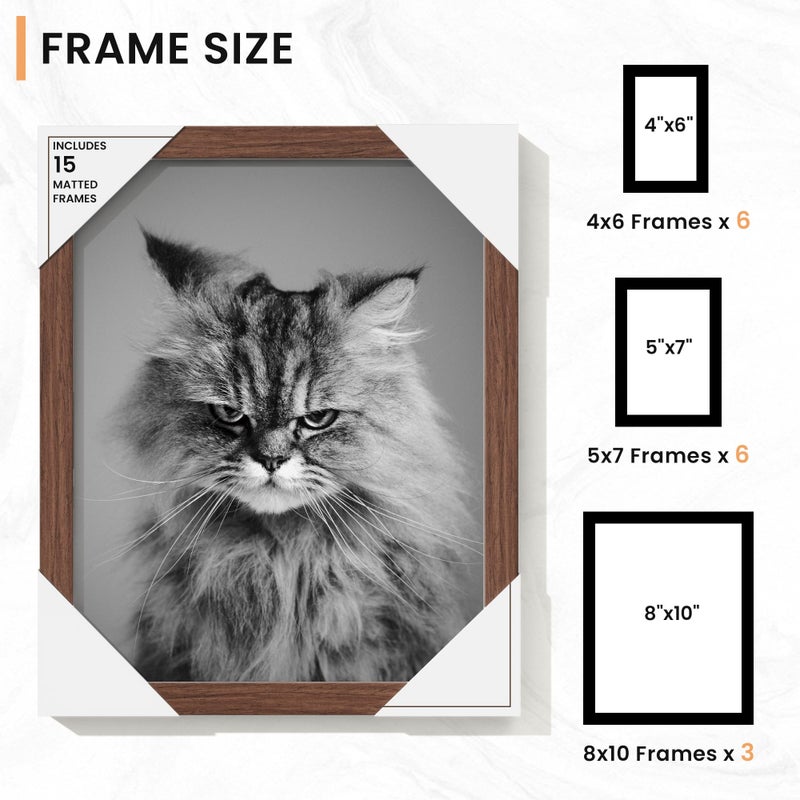 Venusmiles 15 Pack Picture Frames Collage Wall Decor, Gallery Frame Set for Wall Mounting or Tabletop Display, Multi Sizes Including 3pcs 8x10, 6pcs 5x7, 6pcs 4x6, Walnut - Image 3