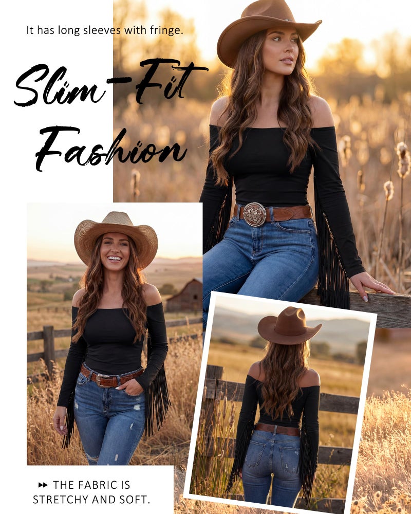 Funnysoft Women Fringe Top Western Off Shoulder Cowgirl Shirt Fitted Long Sleeve Tassels Top Country Concert Festival Outfit(Black,M) - Image 4