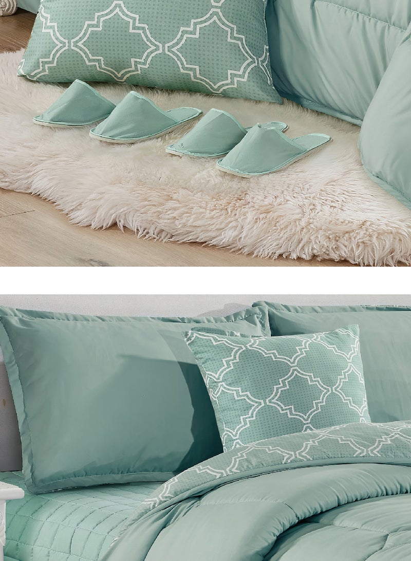 Moon Bed In A Bag Medium Filling King Size Comforter Set, 10 Pcs Floral Bedding Set Size 220 X 240 Cm with Comforter, Quilted Bed Skirt, Pillowcases, Cushion & Bedroom Slipper, Multicolor  - Image 3