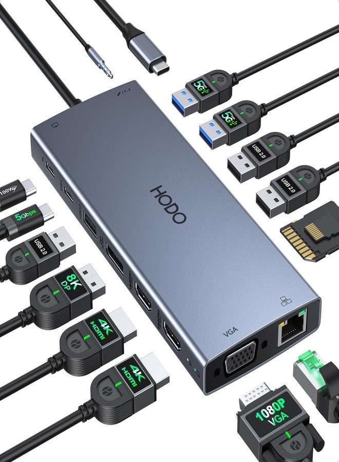HODO USB C HUB Multiport Adapter Docking Station USB C to 2 HDMI 4K@60Hz+DP 8K@30Hz+VGA+6 USB C/A Ports+PD 100W+Ethernet+SD/TF+Audio 15-in-1 - Image 1