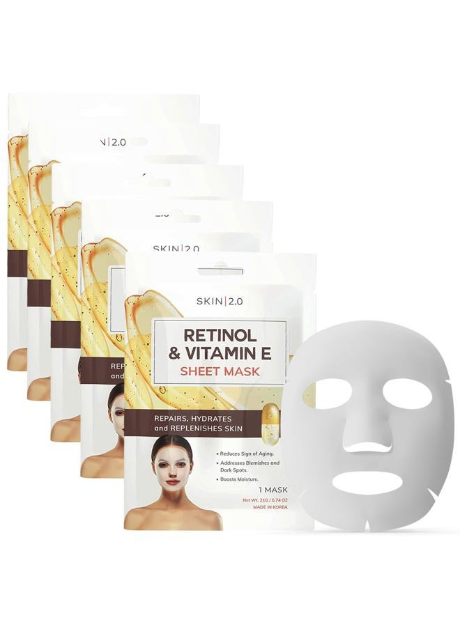 Skin 2.0 Retinol and Vitamin E Sheet Face Mask - Diminishes Blemishes, Acne Scars & Hyperpigmentation, Hydrating, Anti-aging Sheet Mask - Cruelty Free Korean Skin Care For All Skin Types - 5 Masks - Image 1