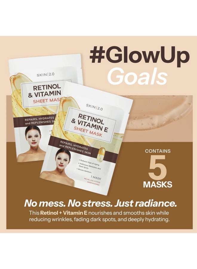 Skin 2.0 Retinol and Vitamin E Sheet Face Mask - Diminishes Blemishes, Acne Scars & Hyperpigmentation, Hydrating, Anti-aging Sheet Mask - Cruelty Free Korean Skin Care For All Skin Types - 5 Masks - Image 3