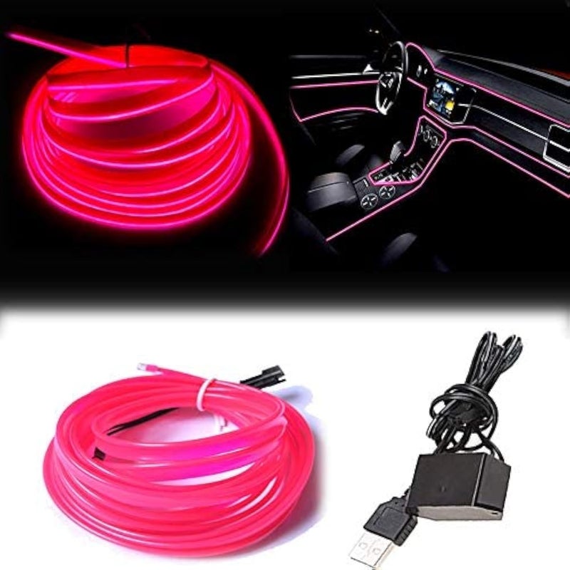 Maxlaxer El Wire Pink Interior Car LED Strip Lights, 3M Neon Wire USB 5V with Fuse Protection for Automotive Interior Decoration, with 6mm Sewing Edge - Image 1
