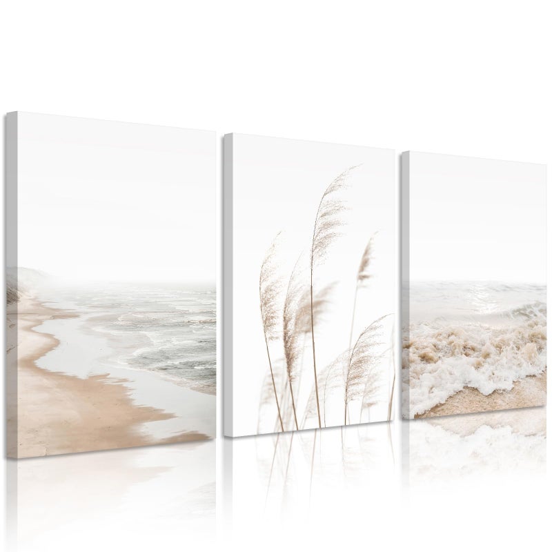 Joocrise Beach Wall Art Boho Prints Coastal Canvas Wall Art Beach Pictures Pampas Grass Ocean Poster Plant Landscape Beach Scene Artwork for Living Room Bedroom Decor 16x24x3 Inch Wrapped Canvas - Image 1