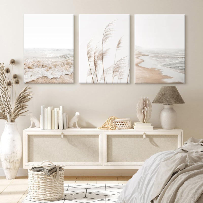 Joocrise Beach Wall Art Boho Prints Coastal Canvas Wall Art Beach Pictures Pampas Grass Ocean Poster Plant Landscape Beach Scene Artwork for Living Room Bedroom Decor 16x24x3 Inch Wrapped Canvas - Image 3