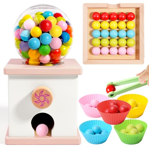 QimuMku 96 Wooden Gumball Machine Counting Montessori Toys for 3 4 5 Years Old Boys Girls Toddler Preschool Learning Activities Toy for Kids Ages 48 Birthday Gifts Sensory Toys - Image 1