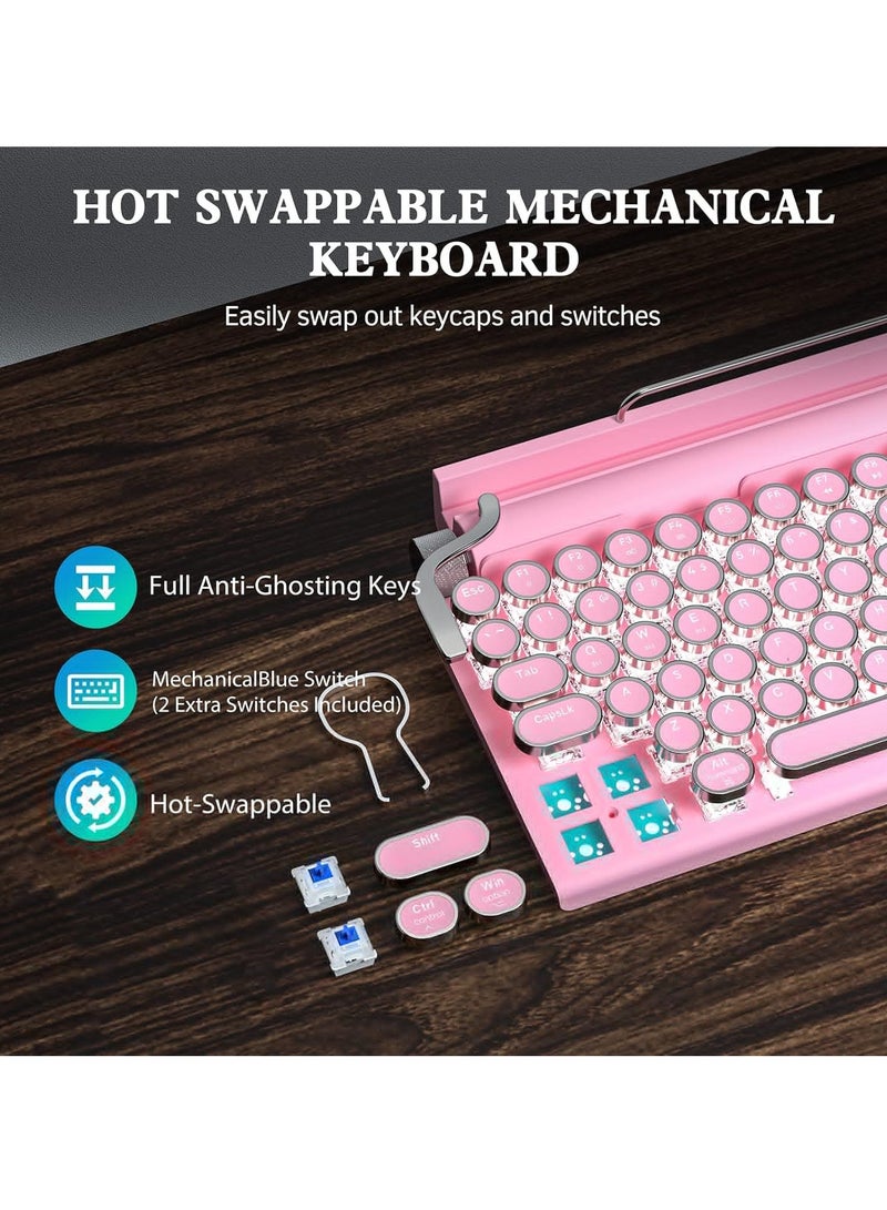 EVEREEN Retro Typewriter Keyboard Wireless Mechanical Gaming Vintage Keyboard 83 Key Blue Switches Punk Round Keycap 14 Modes Rainbow LED Backlight Type C Bluetooth 5.0 Compatible With PC Laptop Pink  - Image 2